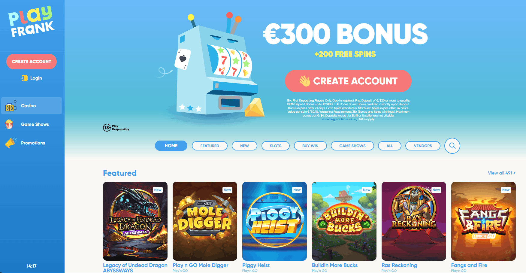 Übersichtsseite des PlayFrank Casinos mit verschiedenen Spielautomaten und Casino Spielen